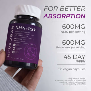 NMN + Resveratrol Capsules bottle showing 600mg NMN, 600mg Resveratrol, 90 vegan capsules per bottle.