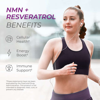 Woman exercising with NMN + Resveratrol Capsules benefits listed: cellular health, energy boost, immune support.