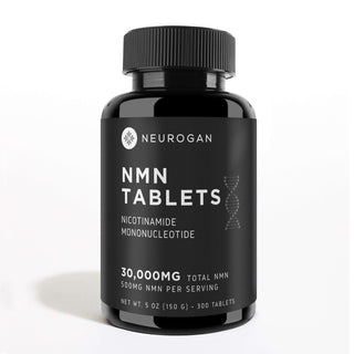 Neurogan NMN Tablets in a dark bottle, 30,000mg total NMN, 500mg per serving.