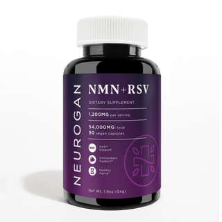 Neurogan NMN + Resveratrol Capsules, 1200mg per serving, 54,000mg total, 90 vegan capsules, 1.9 oz bottle, purple label.