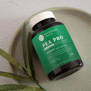Neurogan Health Pea Pro supplement bottle on a stone plate, showcasing 1500mg per serving with natural elements.