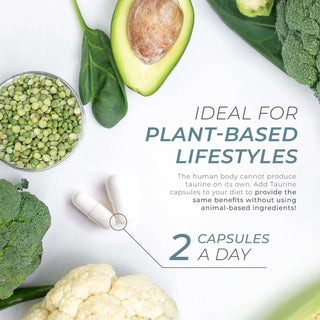 Two white capsules placed near avocado, peas, and vegetables, labeled for plant-based lifestyles.
