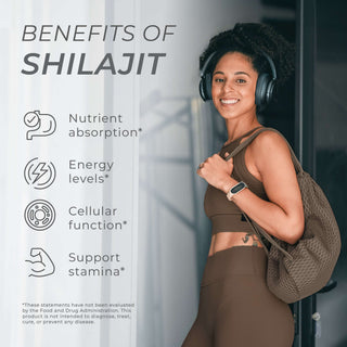 Woman in workout gear holding a bag, highlighting benefits of Shilajit for energy, stamina, and cellular function.
