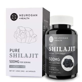 Neurogan Himalayan Shilajit Capsules 500mg - Black bottle and white box with 60 capsules, 30,000mg total.
