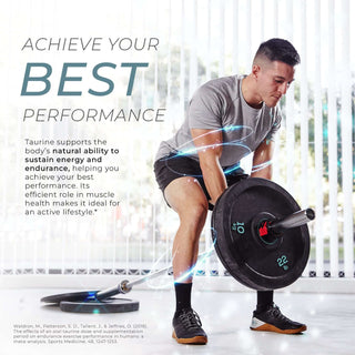Man lifting a barbell in a gym with energy swirl effects, highlighting taurine’s role in endurance and muscle health.
