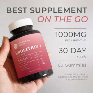 Hand holding Urolithin A Gummies bottle with 30-day supply and 1000mg per 2 gummies.