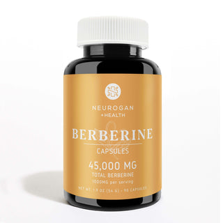 Neurogan Berberine capsules in a yellow labeled bottle, 45,000mg total Berberine, 1000mg per serving, 90 capsules.