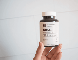 Neurogan Health DHM+ dietary supplement bottle with 90 capsules, 450mg per serving, featuring vitamin B complex.