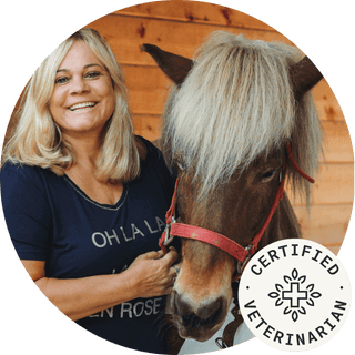 Certified veterinarian smiling with a horse, showcasing expertise and animal care.