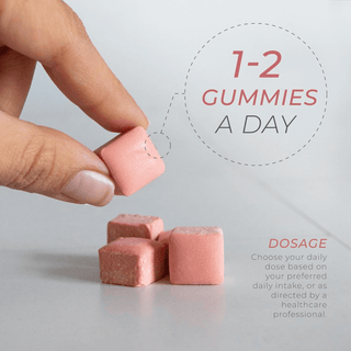 Hand holding pink Urolithin A gummy with dosage suggestion of 1–2 gummies per day.