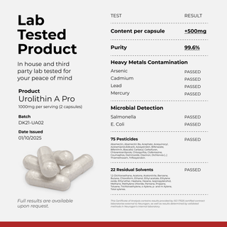 Lab tested Urolithin A Pro capsules, 1000mg per serving, ensuring quality and purity for health-conscious consumers.