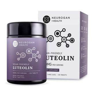 Neurogan Health Luteolin Tablets purple and white bottle box, 200mg per serving, 120 tablets total.