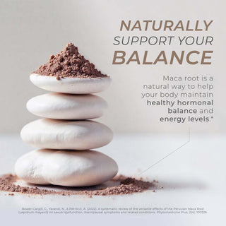 Maca root powder on stacked white stones with text about hormonal balance and energy support.