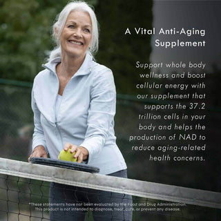 Elderly woman holding a tennis racket, smiling with NAD+ supplement text symbolizing cellular wellness and as anti-aging support*.