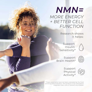 Woman stretching outdoors beside text about NMN benefits for insulin sensitivity, brain health, and energy support.