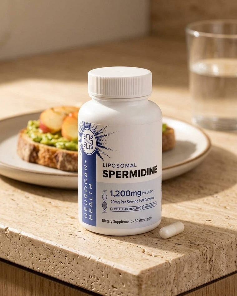 Liposomal Spermidine bottle beside a breakfast plate and a glass of water