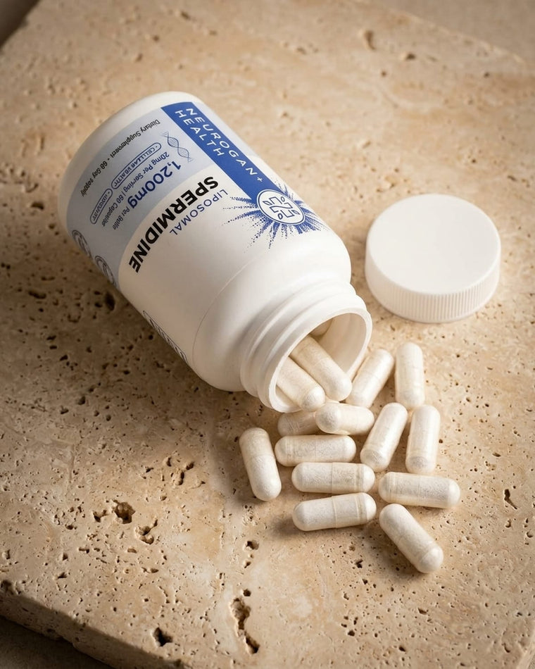 An open Liposomal Spermidine bottle with capsules on travertine