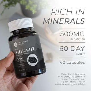 Hand holding Himalayan Shilajit Capsules bottle with total dosage content, plant and tray in soft-focus background