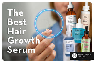 Woman holding a strand of hair. Text: The best Hair Growth Serum 