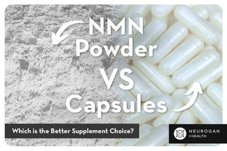 Comparison of NMN powder on the left and white NMN capsules on the right with text overlay.