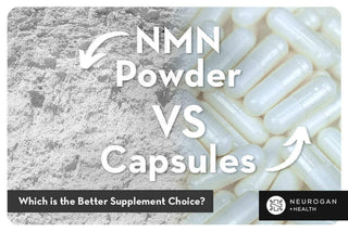 Comparison of NMN powder on the left and white NMN capsules on the right with text overlay.