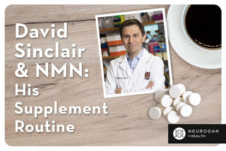 Dr. David Sinclair. next to coffee and supplements. Text: David sinclair & NMN: His supplement routine