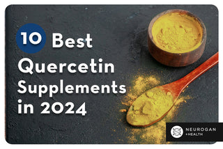 Yellow quercetin powder in on a spoon. Text: 10 best Quercetin Supplements in 2024