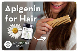 woman combing her long brown hair. Text: Apigenin for hair
