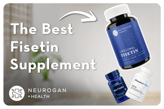 Fisetin supplement bottles with molecular graphics in the background. text: best fisetin supplement.