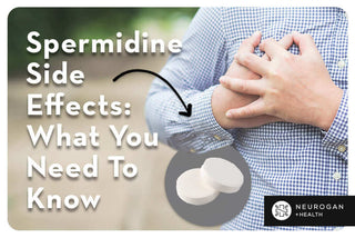 A man holding his heart and an arrow pointing at spermidine tablets. Text: Spermidine Side Effects What You Need To Know