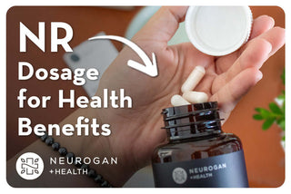 Pouring out NR capsules into hand. Text: NR Dosage for Health Benefits