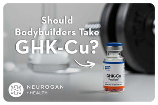 A vial of pure copper peptide and text: Should body builders take GHK-Cu? 
