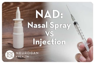 NAD Nasal Spray vs. Injection comparison image showing nasal spray and syringe for health benefits.