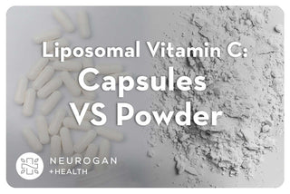 Liposomal Vitamin C capsules vs powder comparison image with capsules on one side and vitamin C powder on the other, branded by Neurogan Health.