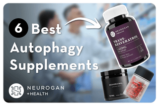 Mitopure, Neurogan Resveratrol, Toniiq Resveratrol. Text: 6 Best Autophagy supplements.