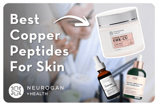 woman with eyes closed touching her clear skin. Text: Best copper peptides for skin.