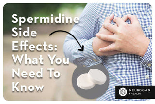 A man holding his heart and an arrow pointing at spermidine tablets. Text: Spermidine Side Effects What You Need To Know
