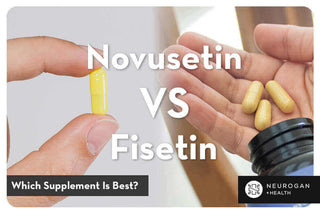 Hand holding Novusetin capsule compared to Fisetin capsules poured from bottle.