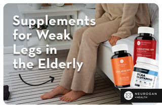 Elderly woman getting up from bed. Text: Supplements for weak legs in elderly 