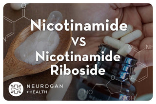 A hand holding nicotinamide riboside pills next to nicotinamide powder on a spoon