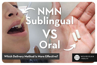 Side-by-side comparison of NMN sublingual liquid under the tongue and NMN oral capsules held in hand.