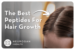 Pointing at healthy scalp with text: The best peptides for hair growth.