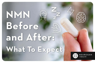 Holding an NMN capsule. Text: NMN before and after: What to expect