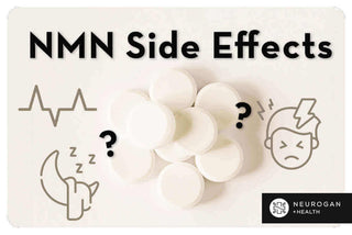 White supplement tablets surrounded by icons symbolizing NMN side effects like headache and fatigue.