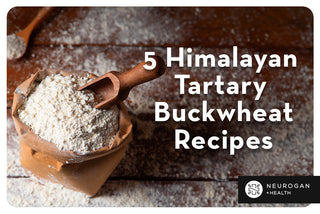 Brown paper bag filled with Himalayan Tartary Buckwheat flour, with a wooden scoop on top and flour spread around.