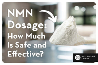 powdered NMN on a spoon. Text: NMN dosage: How Much is Safe and Effective? 