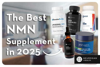Assorted NMN supplements including capsules, gummies, drops, and powder with text ‘The Best NMN Supplement in 2025