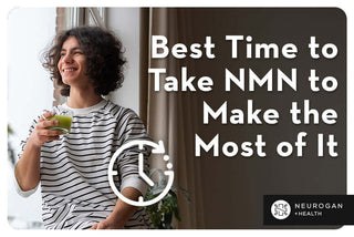 Woman sitting by the window drinking tea. Text: Best time to take NMN to make the most of it