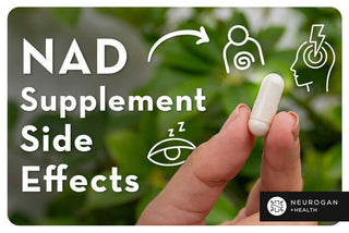 Holding an NAD supplement. Text: NAD supplement side effects