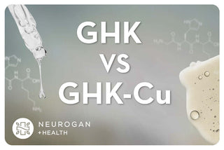 GHK vs. GHK Cu image featuring a dropper and molecular structure, highlighting peptide differences.
